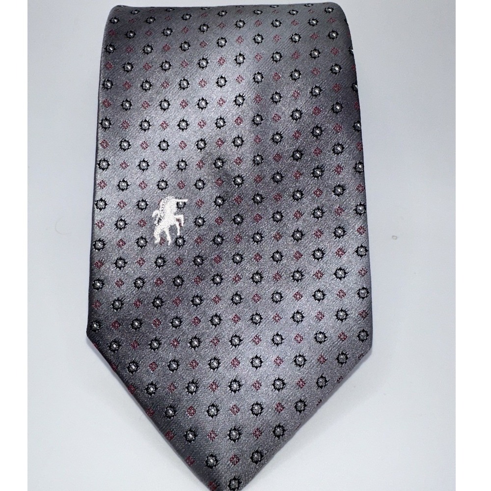 Bronzini Mens Silk Tie Gray Burgundy Geometric Horse Logo 57 x 3.25 Necktie